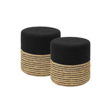 REDEARTH Cylindrical Pouf Ottoman - Braided Pouffe Accent Sitting Round Footrest for Living Room, Bedroom, Nursery, kidsroom, Patio ; 70% Cotton 30% Jute, Set Of 2 (14.5x14.5x16; Black Natural)