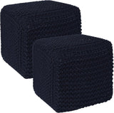 REDEARTH · Square Hand Knitted Pouf - Foot Stool Ottoman Coffee Table - Cotton Cord Boho Pouffe - Poof Accent Footrest for Living Room - Bedroom - Library (16" x 16" x 16") - Navy Blue, Set of 2