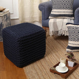 REDEARTH · Square Hand Knitted Pouf - Foot Stool Ottoman Coffee Table - Cotton Cord Boho Pouffe - Poof Accent Footrest for Living Room - Bedroom - Library (16" x 16" x 16") - Navy Blue, Set of 2