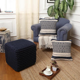 REDEARTH · Square Hand Knitted Pouf - Foot Stool Ottoman Coffee Table - Cotton Cord Boho Pouffe - Poof Accent Footrest for Living Room - Bedroom - Library (16" x 16" x 16") - Navy Blue, Set of 2