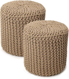 REDEARTH · Cylindrical Hand Knitted Pouf - Foot Stool Ottoman - Cord Boho Pouffe - Cotton Round Poof for Home Decor - Living Room - Nursery - Bedroom - Patio (16" x 16" x 16") - Beige, Set of 2