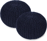 REDEARTH · Round Pouf Foot Stool Bean Bag Ottoman - Cable Knitted Cord Boho Pouffe - Poof Accent Bean Bag - Handmade by Artisans for Living Room - Bedroom (19.5"x19.5"x14") - Navy Blue, Set of 2