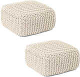 REDEARTH · Cube Low Pouf Foot Stool Ottoman - Hand Knitted Poof - Cord Boho Pouffe - Home Décor - Stuffed Footrest for Living Room - Nursery - Bedroom - Patio (16" x 16" x 8") - Ivory, Set of 2