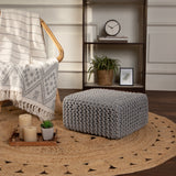 REDEARTH Cube Low Pouf Foot Stool Ottoman -Hand Knitted Poof, Cord Boho Pouffe, Home Décor Accent Chair, Stuffed Footrest for Living Room, Bedroom, Nursery, Covered Patio (16”x16”x8”; Light Gray)