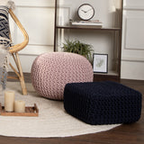 REDEARTH · Cube Low Pouf Foot Stool Ottoman - Hand Knitted Poof - Cord Boho Pouffe - Home Décor - Stuffed Footrest for Living Room - Nursery - Bedroom - Patio (16" x 16" x 8") - Navy Blue, Set of 2