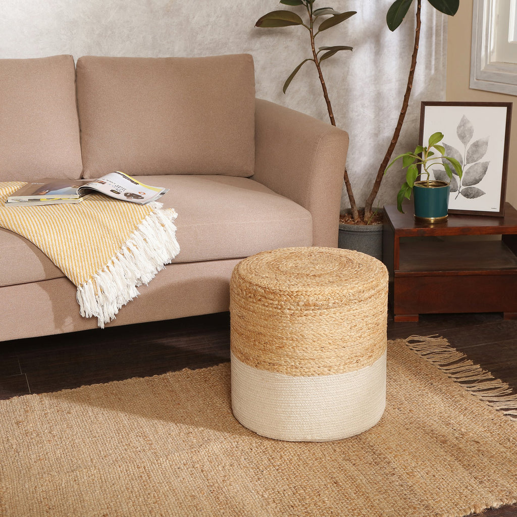 REDEARTH Cylindrical Pouf Foot Stool Ottoman -Cotton Jute Braided Accent Chair Footrest for The Living Room, Bedroom, Nursery, Patio, Lounge & Other