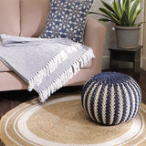 REDEARTH Round Hand Knitted Pouf - Foot Stool Bean Bag Ottoman - Cord Boho Pouffe - Poof Accent Beanbag Chair Footrest For The Living Room, Bedroom, Nursery, Patio, Lounge (19”x19”x14”; Navy+Natural)