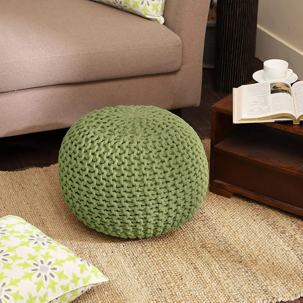 REDEARTH Round Pouf Foot Stool Ottoman -Cotton Knitted Cord Boho Pouffe, Cable Poof Accent Chair Filled Footrest Ready to Use for Living Room, Bedroom